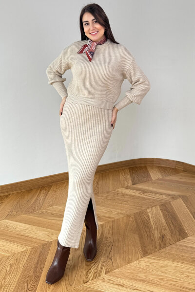 TKM-13360 Taş Rengi Fitilli Yuvarlak Yaka Triko Etekli Takım - Cappmoda