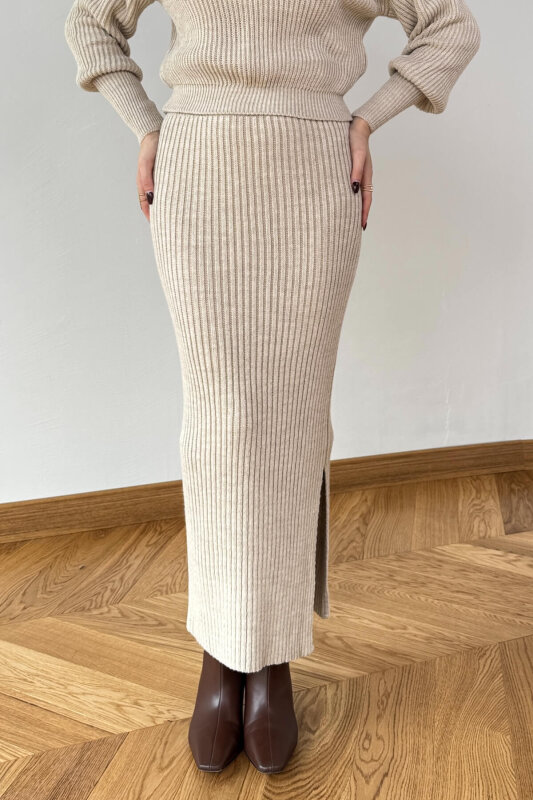 TKM-13360 Taş Rengi Fitilli Yuvarlak Yaka Triko Etekli Takım - 3