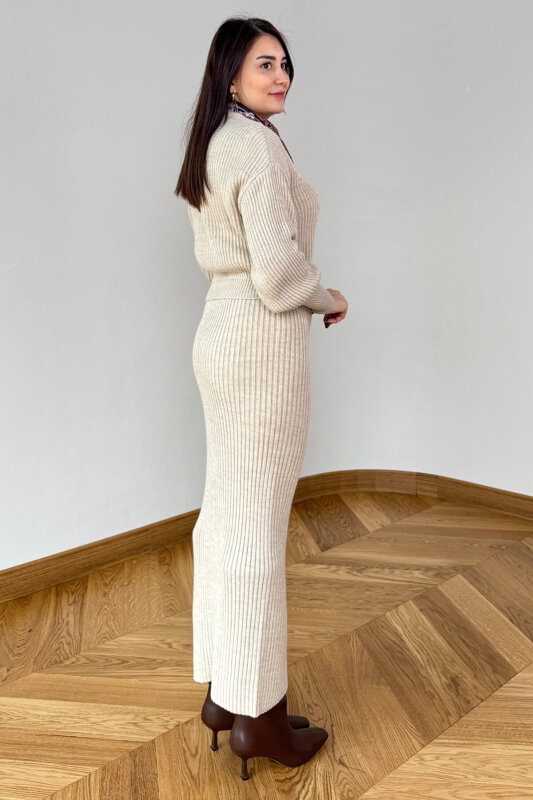 TKM-13360 Taş Rengi Fitilli Yuvarlak Yaka Triko Etekli Takım - 4