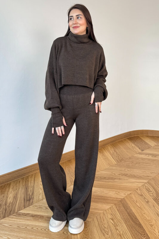 TKM-13361 Acı Kahve Çelik Örme Parmak Geçirmeli Balıkçı Yaka İkili Takım - 3