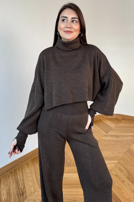 TKM-13361 Acı Kahve Çelik Örme Parmak Geçirmeli Balıkçı Yaka İkili Takım - 2