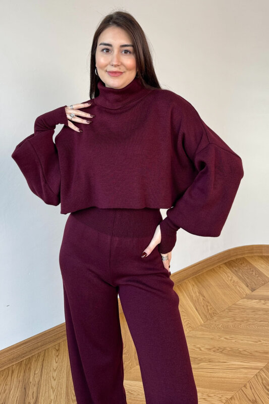 TKM-13361 Bordo Çelik Örme Parmak Geçirmeli Balıkçı Yaka İkili Takım - 3