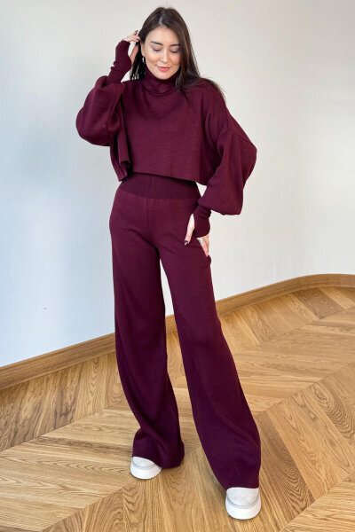 TKM-13361 Bordo Çelik Örme Parmak Geçirmeli Balıkçı Yaka İkili Takım - Cappmoda