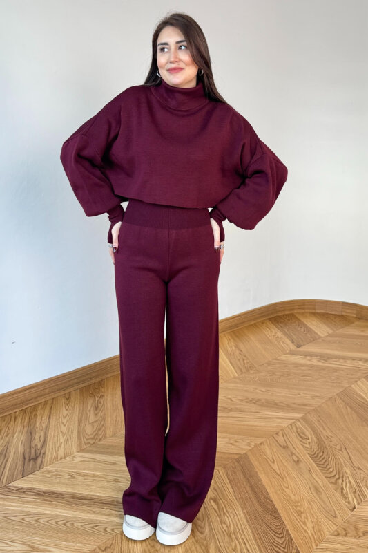 TKM-13361 Bordo Çelik Örme Parmak Geçirmeli Balıkçı Yaka İkili Takım - 5