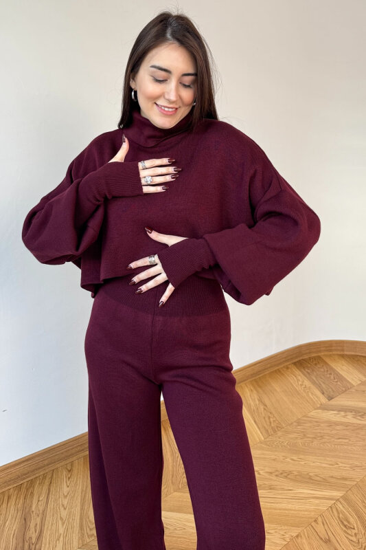 TKM-13361 Bordo Çelik Örme Parmak Geçirmeli Balıkçı Yaka İkili Takım - 2