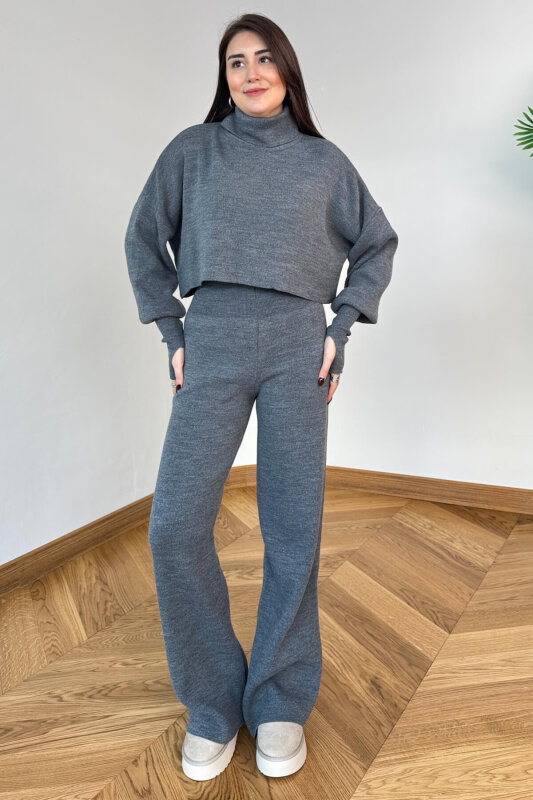 TKM-13361 Füme Çelik Örme Parmak Geçirmeli Balıkçı Yaka İkili Takım - 4