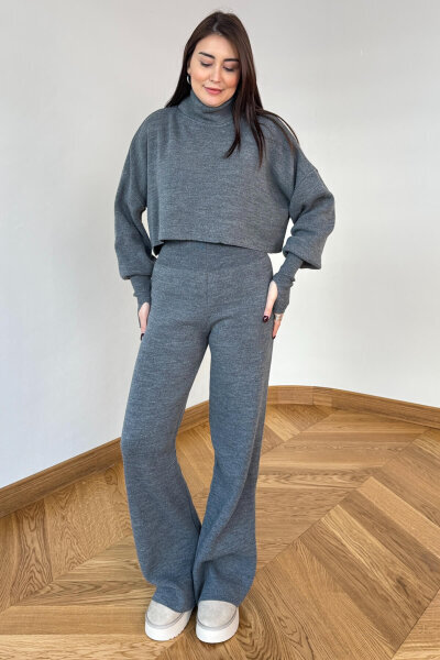 TKM-13361 Füme Çelik Örme Parmak Geçirmeli Balıkçı Yaka İkili Takım - Cappmoda