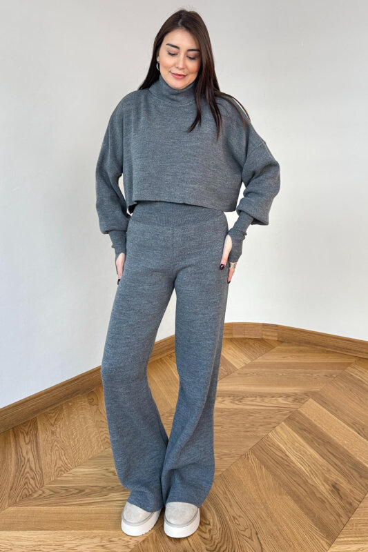 TKM-13361 Füme Çelik Örme Parmak Geçirmeli Balıkçı Yaka İkili Takım - 1