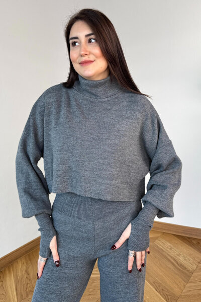 TKM-13361 Füme Çelik Örme Parmak Geçirmeli Balıkçı Yaka İkili Takım - Cappmoda (1)