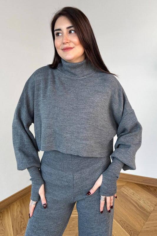 TKM-13361 Füme Çelik Örme Parmak Geçirmeli Balıkçı Yaka İkili Takım - 2