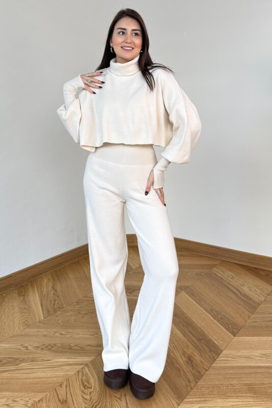 TKM-13361 Krem Çelik Örme Parmak Geçirmeli Balıkçı Yaka İkili Takım - 3