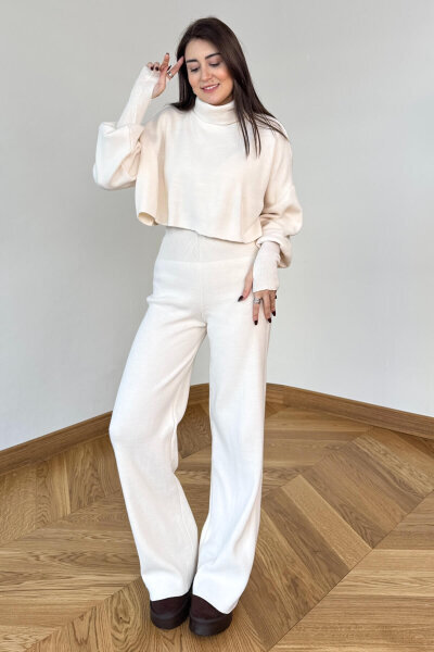TKM-13361 Krem Çelik Örme Parmak Geçirmeli Balıkçı Yaka İkili Takım - Cappmoda