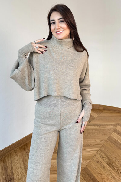 TKM-13361 Taş Rengi Çelik Örme Parmak Geçirmeli Balıkçı Yaka İkili Takım - Cappmoda (1)