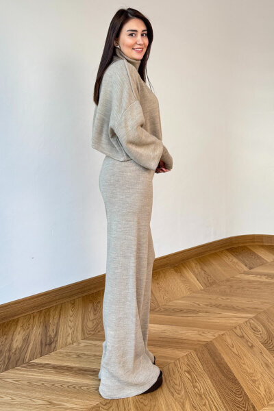 TKM-13361 Taş Rengi Çelik Örme Parmak Geçirmeli Balıkçı Yaka İkili Takım - 3