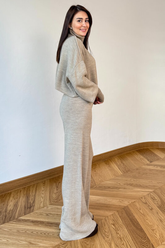 TKM-13361 Taş Rengi Çelik Örme Parmak Geçirmeli Balıkçı Yaka İkili Takım - 3