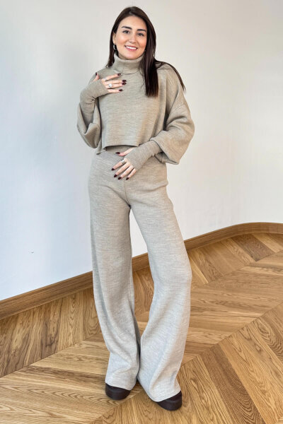 TKM-13361 Taş Rengi Çelik Örme Parmak Geçirmeli Balıkçı Yaka İkili Takım - 4