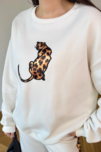 TKM-13362 Beyaz Leopar Nakışlı Üç İplik Şardonlu İkili Takım - 3