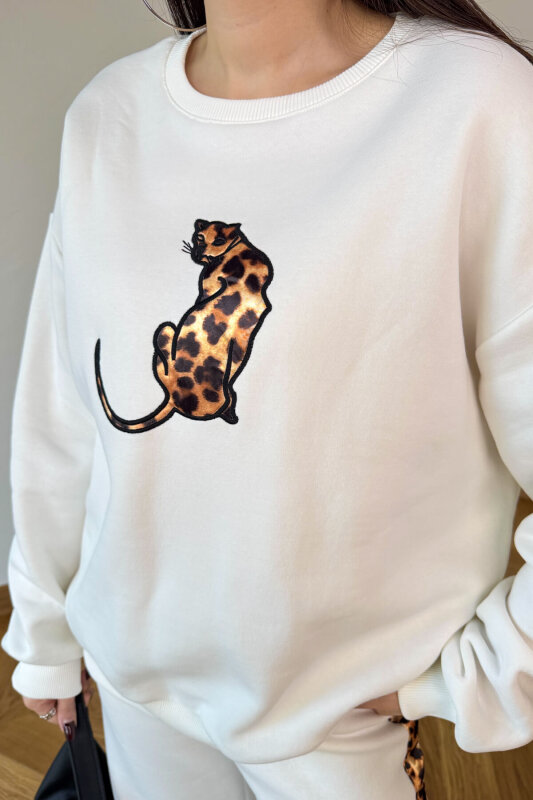 TKM-13362 Beyaz Leopar Nakışlı Üç İplik Şardonlu İkili Takım - 3
