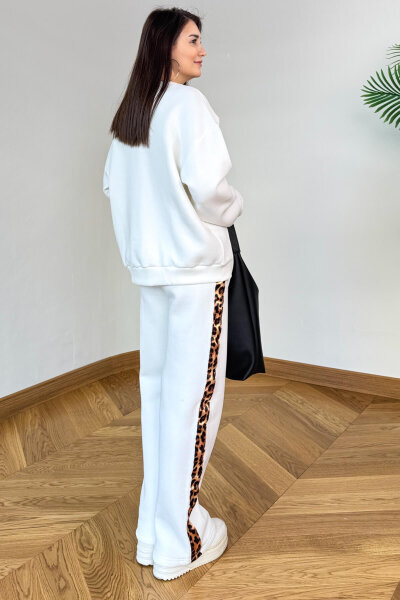 TKM-13362 Beyaz Leopar Nakışlı Üç İplik Şardonlu İkili Takım - 5