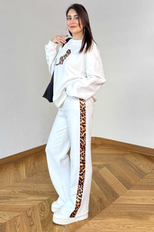 TKM-13362 Beyaz Leopar Nakışlı Üç İplik Şardonlu İkili Takım - 7