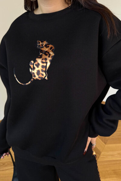 TKM-13362 Siyah Leopar Nakışlı Üç İplik Şardonlu İkili Takım - 4