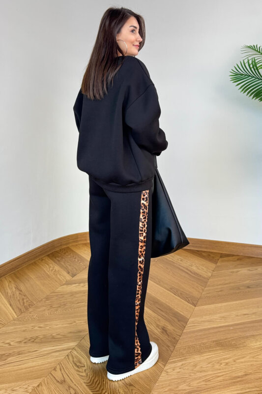 TKM-13362 Siyah Leopar Nakışlı Üç İplik Şardonlu İkili Takım - 5