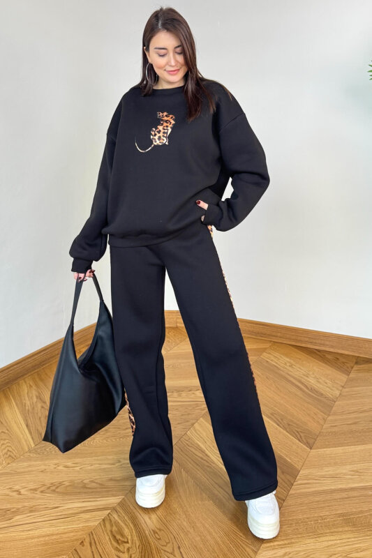 TKM-13362 Siyah Leopar Nakışlı Üç İplik Şardonlu İkili Takım - 1