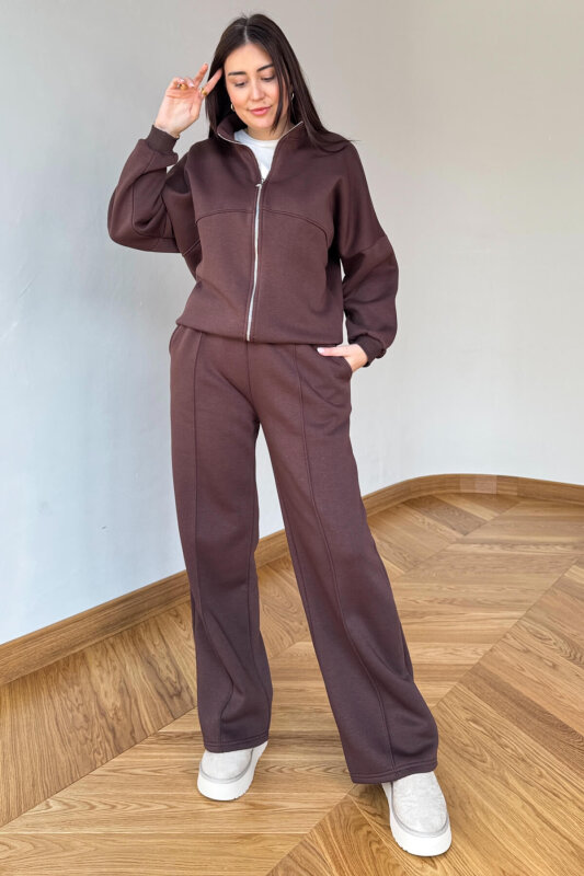 TKM-13363 Acı Kahve Dik Yaka Üç İplik Şardonlu Oversize Eşofman Takımı - 1