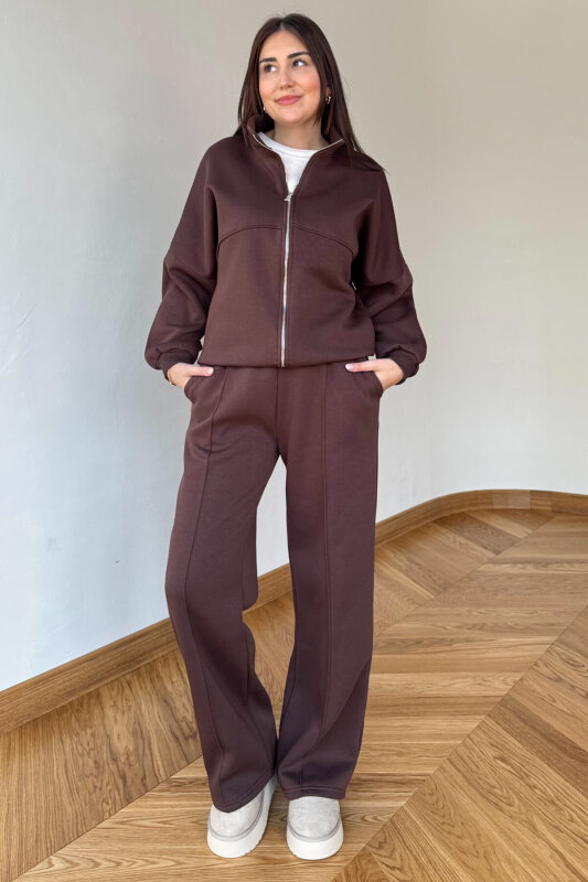TKM-13363 Acı Kahve Dik Yaka Üç İplik Şardonlu Oversize Eşofman Takımı - 4