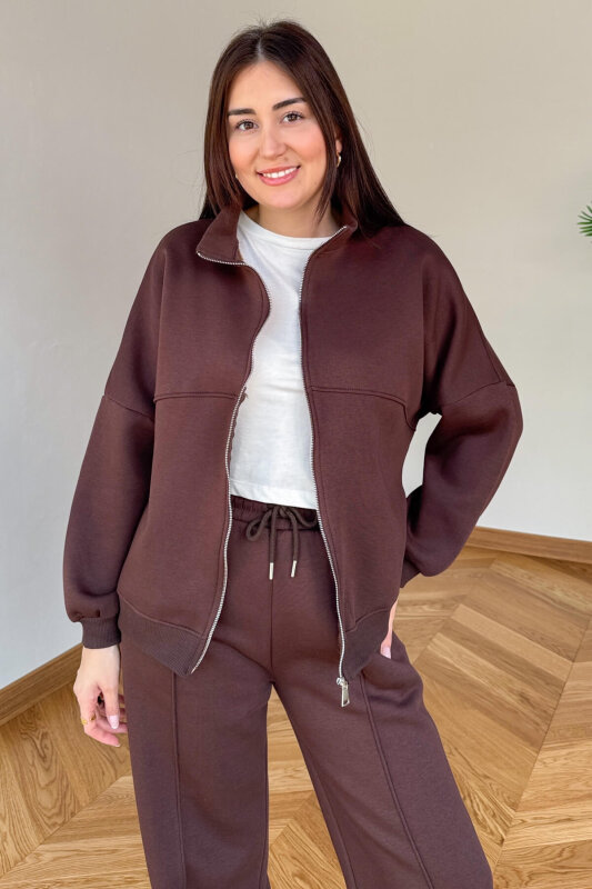 TKM-13363 Acı Kahve Dik Yaka Üç İplik Şardonlu Oversize Eşofman Takımı - 2