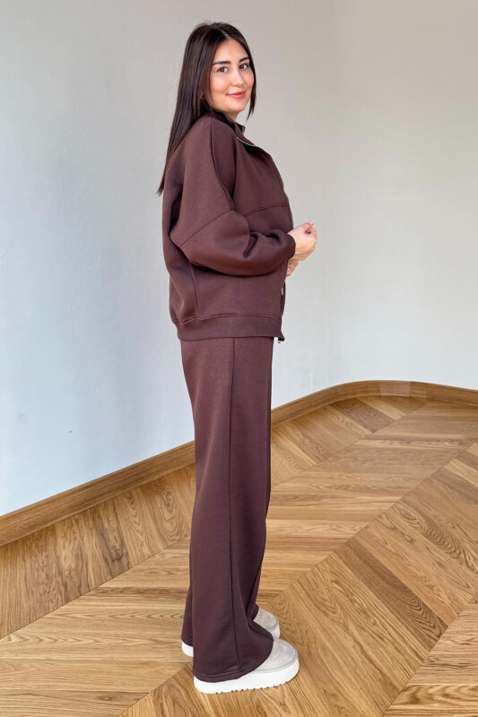 TKM-13363 Acı Kahve Dik Yaka Üç İplik Şardonlu Oversize Eşofman Takımı - 5