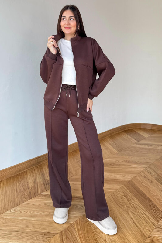 TKM-13363 Acı Kahve Dik Yaka Üç İplik Şardonlu Oversize Eşofman Takımı - 3