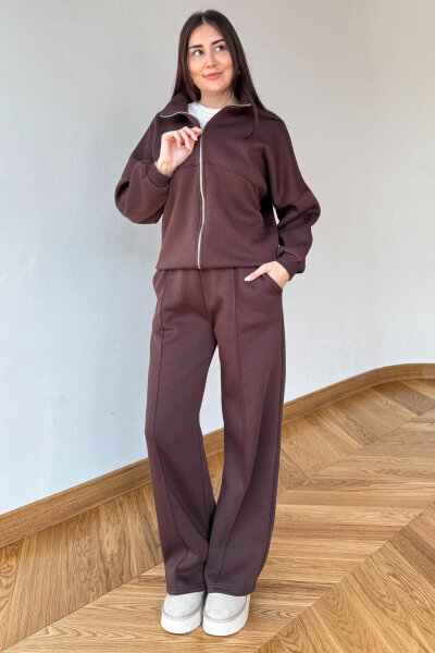 TKM-13363 Acı Kahve Dik Yaka Üç İplik Şardonlu Oversize Eşofman Takımı - 6