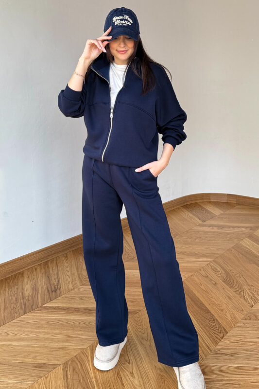 TKM-13363 Lacivert Dik Yaka Üç İplik Şardonlu Oversize Eşofman Takımı - 4