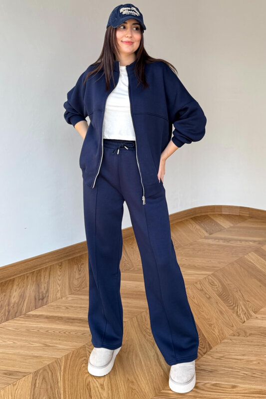 TKM-13363 Lacivert Dik Yaka Üç İplik Şardonlu Oversize Eşofman Takımı - 5