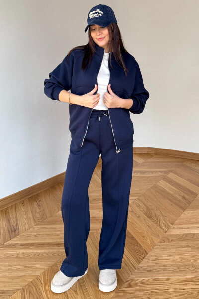 TKM-13363 Lacivert Dik Yaka Üç İplik Şardonlu Oversize Eşofman Takımı - Cappmoda