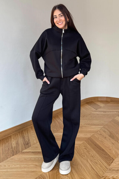 TKM-13363 Siyah Dik Yaka Üç İplik Şardonlu Oversize Eşofman Takımı - 3