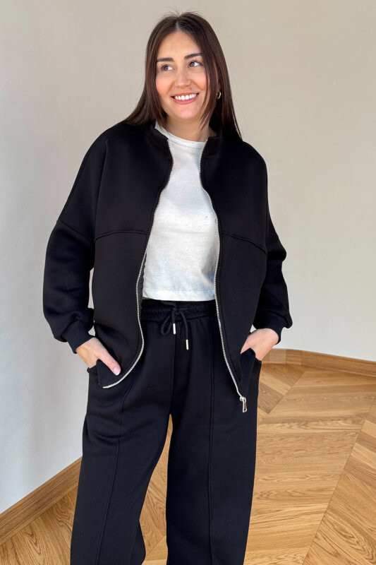 TKM-13363 Siyah Dik Yaka Üç İplik Şardonlu Oversize Eşofman Takımı - 2