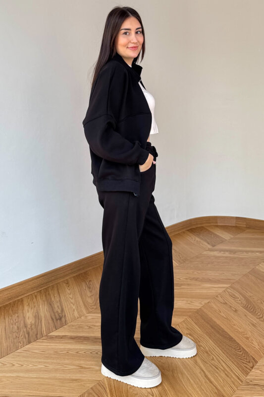 TKM-13363 Siyah Dik Yaka Üç İplik Şardonlu Oversize Eşofman Takımı - 4