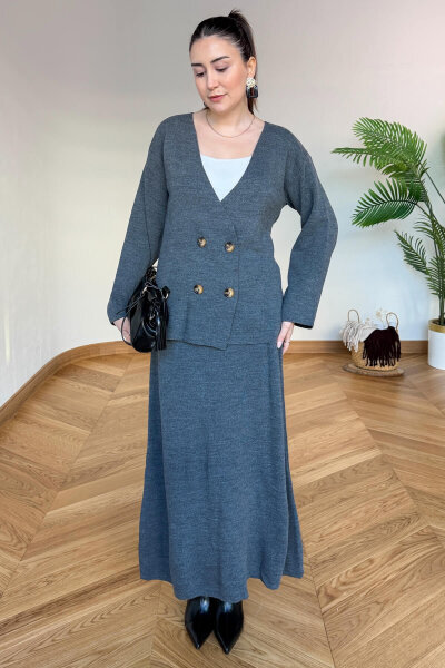 TKM-13364 Füme Çelik Örme Etek-Hırka İkili Triko Takım - Cappmoda