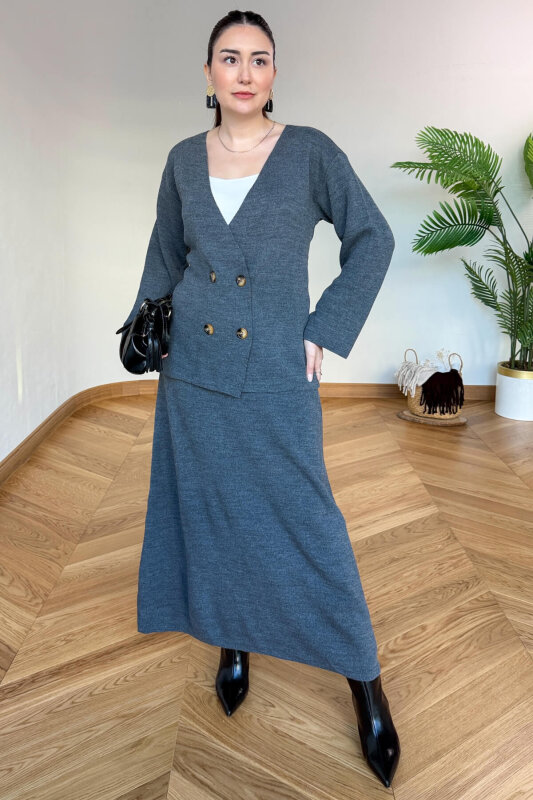 TKM-13364 Füme Çelik Örme Etek-Hırka İkili Triko Takım - 3