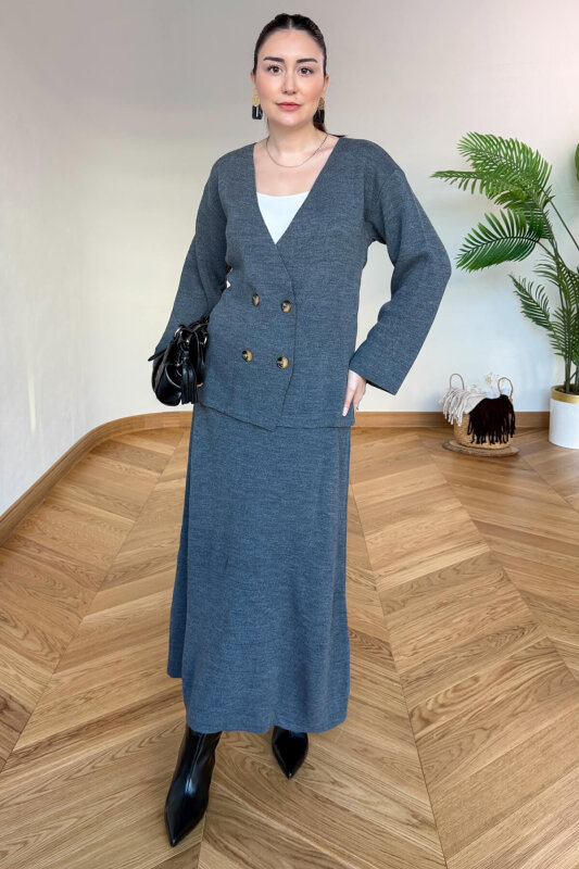 TKM-13364 Füme Çelik Örme Etek-Hırka İkili Triko Takım - 4