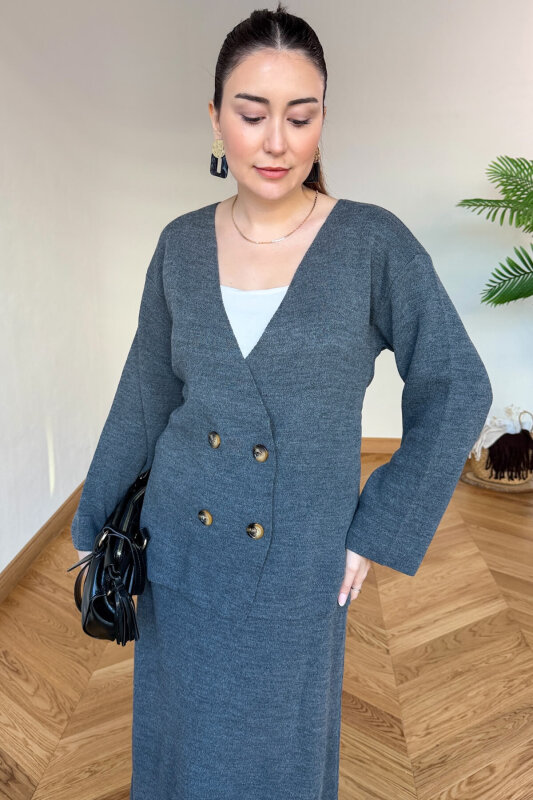TKM-13364 Füme Çelik Örme Etek-Hırka İkili Triko Takım - 2