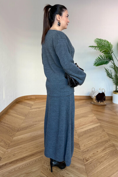 TKM-13364 Füme Çelik Örme Etek-Hırka İkili Triko Takım - 5