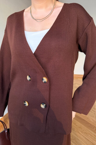 TKM-13364 Kahverengi Çelik Örme Etek-Hırka İkili Triko Takım - 4