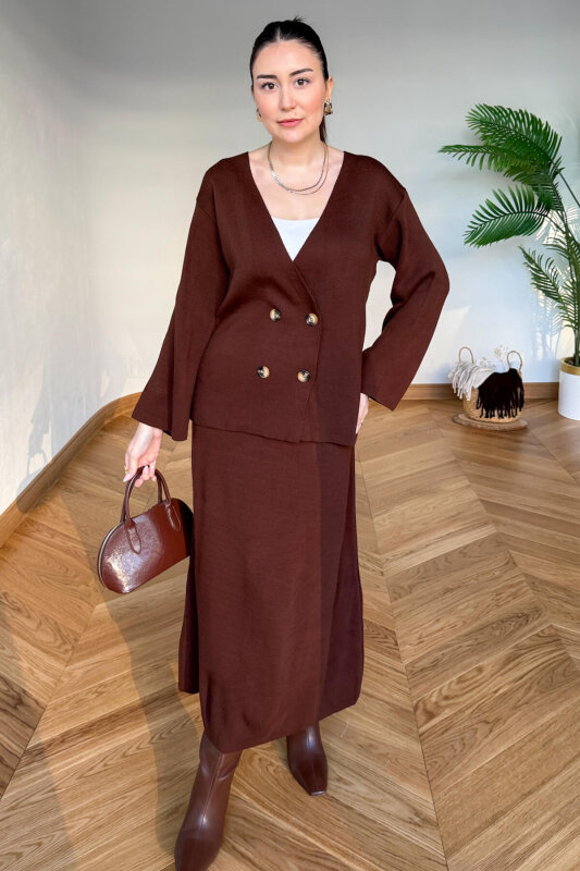 TKM-13364 Kahverengi Çelik Örme Etek-Hırka İkili Triko Takım - 5