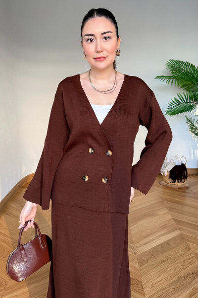TKM-13364 Kahverengi Çelik Örme Etek-Hırka İkili Triko Takım - Cappmoda (1)