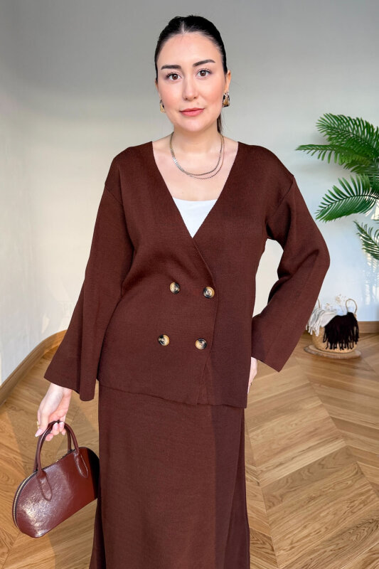 TKM-13364 Kahverengi Çelik Örme Etek-Hırka İkili Triko Takım - 2