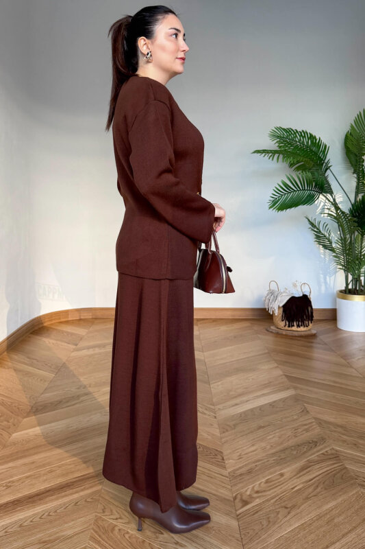 TKM-13364 Kahverengi Çelik Örme Etek-Hırka İkili Triko Takım - 6