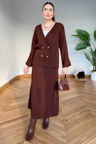 TKM-13364 Kahverengi Çelik Örme Etek-Hırka İkili Triko Takım - Cappmoda